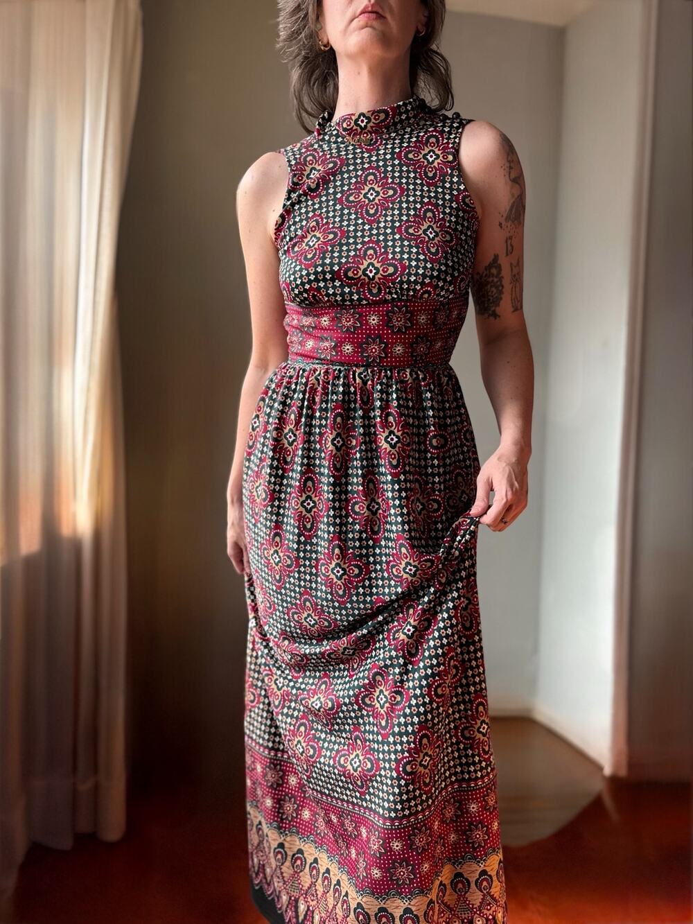 Vintage 60s Maxi Dress | Mock Neck Border Print | Fitted Waist Gathered | XS/S